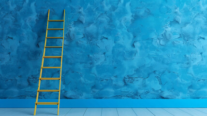 step ladder in a 3D rendering on a blue wall.