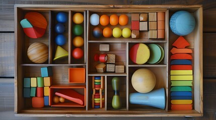 A top-down view of a wooden toy box filled with various educational toys and blocks, inviting play and exploration.