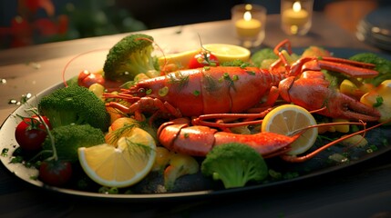 Lobster with vegetables and lemon on a dark wooden background.