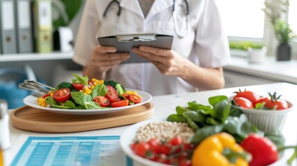 nutritionist's office with buckwheat dishes featured in a dietary plan, including nutritional charts and fitness goals on display