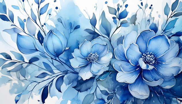 blue watercolor flowers on a white background floral blooms and leaves backdrop wallpaper