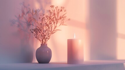 A tranquil pastel background with an elegant candle mockup, radiating warmth and comfort in a scene of artistic refinement.