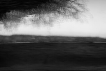 Art black and white photograph captures landscape in motion, featuring blurred elements that evoke...