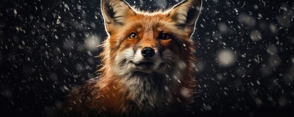 Obraz premium Portrait of a fox in rain against dark background