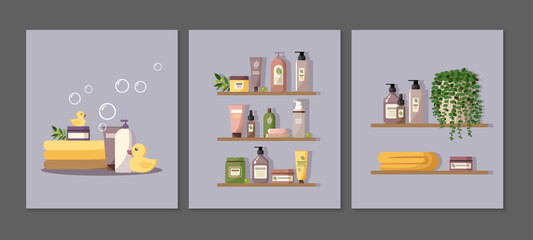 Set of baby cosmetics and baby bathing supplies. Shelves with cosmetics for skin and hair care. Hygiene products for newborns. Bottles and jars for baby care. Stock vector illustration.