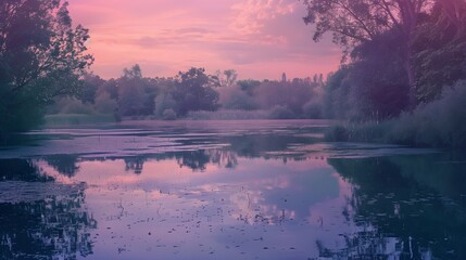 A tranquil pond reflecting the gentle hues of a pastel sunset.