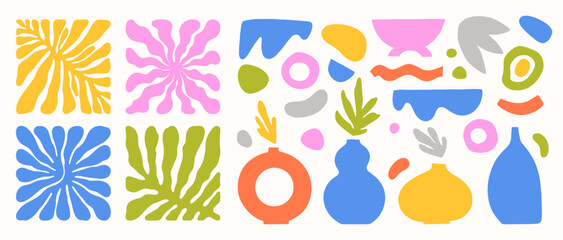 Vector colorful hand drawn Matisse aestethic forms.Hand drawn organic abstract nature shapes and vases.Trendy graphic perfect for prints,flyers,banners,fabriс,branding design,covers.