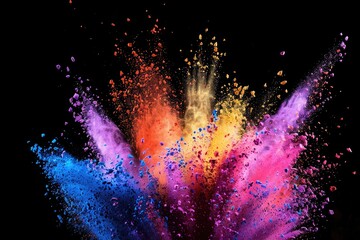 Vibrant color powder bursts against a deep black backdrop, illuminating the darkness with explosive hues.