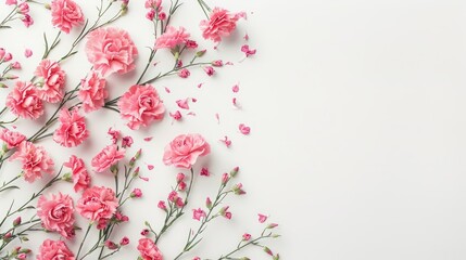 Gorgeous pink carnation flowers arranged in a flat lay style grace the right side of the banner against a pristine white backdrop leaving ample space on the left for your personalized messa