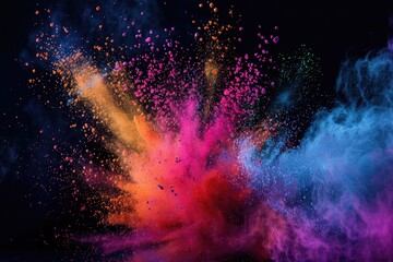 Vibrant color powder bursts against a deep black backdrop, illuminating the darkness with explosive hues.