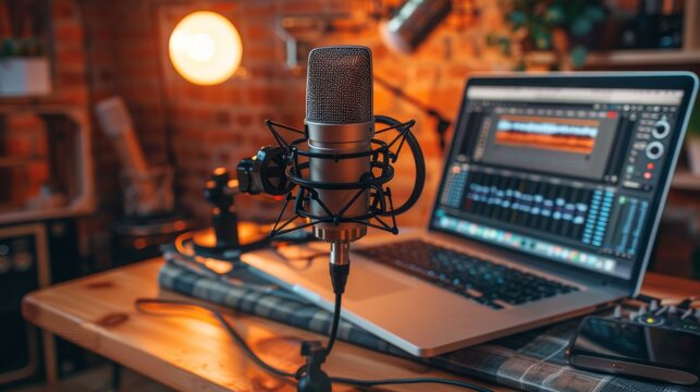 A microphone sitting on top of a laptop computer, AI