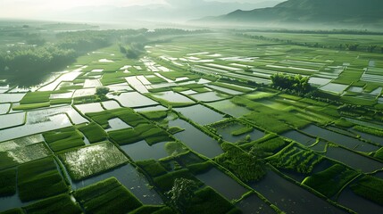 A vast rice paddy landscape, with AI-driven irrigation systems precisely distributing water to each field based on real-time weather data and crop water requirements. - obrazy, fototapety, plakaty