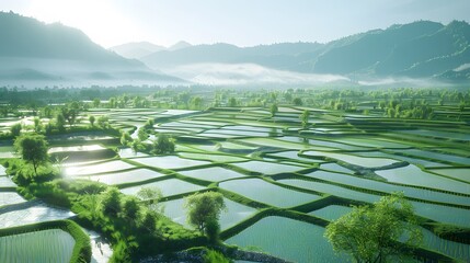 A vast rice paddy landscape, with AI-driven irrigation systems precisely distributing water to each field based on real-time weather data and crop water requirements.