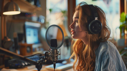 A woman with headphones listening to music in a recording studio, AI