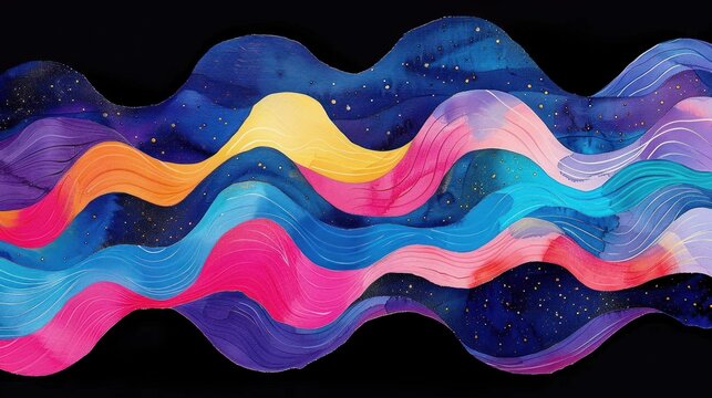 A painting of colorful waves on a black background.