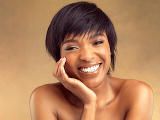 Make up, skincare and portrait of black woman with smile, carefree and cosmetics in studio....
