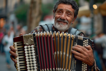 engaging photo showcasing the skillful performance of a male accordionist on stage, as he maintains eye contact with the camera, background that accentuates the musician's presence - obrazy, fototapety, plakaty