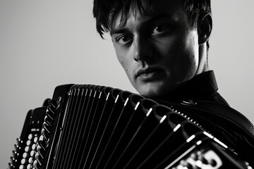powerful photo capturing the emotion and intensity of a male accordionist's performance, his direct gaze adding depth to the composition, with a clean white background providing co