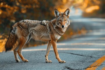 Obraz premium A coyote crossing a paved road in the USA near private houses. Concept of the danger of a wild animal attack. 