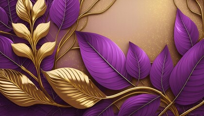 background of gold and purple leaves, banner with place for text, template for postcard