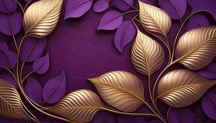 background of gold and purple leaves, banner with place for text, template for postcard, cover.