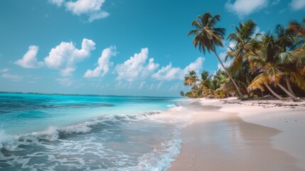 Fototapeta na wymiar A beach with a white sand and blue water, AI
