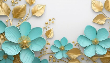 background of gold and blue flowers and leaves, banner with place for text, template for postcard, cover.