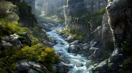 A winding river carving through a rocky canyon, framed by towering cliffs and surrounded by lush...