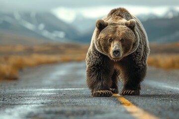 Obraz premium A grizzly bear on a paved road in the USA. Concept of the danger of a wild animal attack.