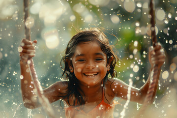 heartwarming shot capturing the joy of a young girl smiling while swinging, her happiness radiating in the moment,