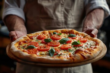 The pizzaiolo holds a freshly baked pizza like a work of art. Pizza presentation