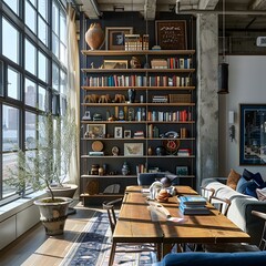An airy loft apartment with an industrial-chic aesthetic, featuring a wall-mounted bookshelf displaying a curated collection of books and decorative objects