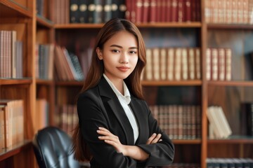 Young professional woman lawyer with crossed arms stands in front of a bookshelf.