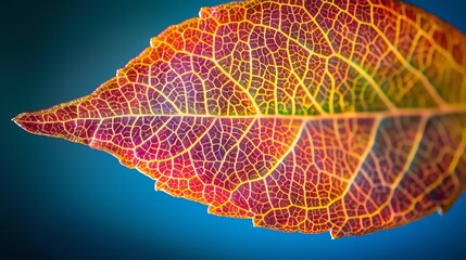 A single autumn leaf against a dark blue background.