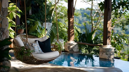 An elegant terrace arrangement boasting a luxurious swinging chair draped with plush cushions, set against a backdrop of shimmering pool waters and tropical foliage