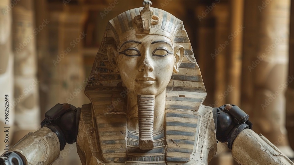 Poster a fictional statue of an egyptian pharaoh with robotic arms, AI