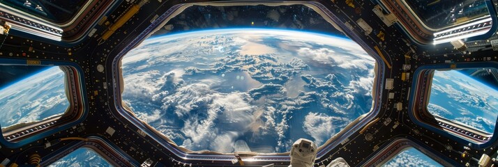 Astronaut in spacecraft using tablet, orbiting earth with planet s curve in view