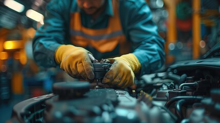 Auto mechanic working in auto repair service. Selective focus on car engine.