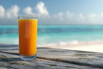 Beachside relaxation: Glass of chilled juice on wooden table, a refreshing break by the ocean waves.