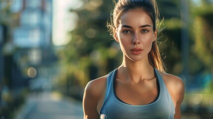 A woman in a blue top running down the street, AI
