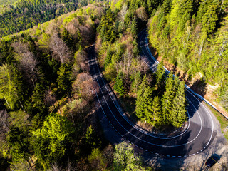 Drone aerial view - windy road in springtime
