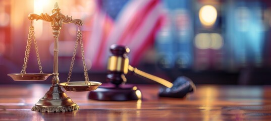 Courthouse with scales of justice and american flag representing fairness and equality