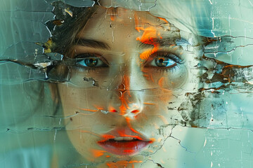 Surreal distorted portrait in fractured glass effect