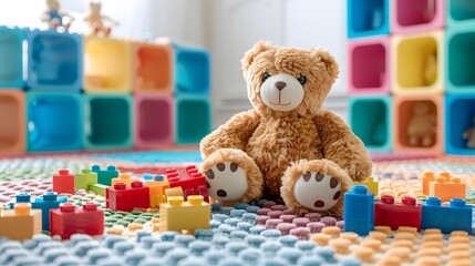 Colorful building blocks scattered across a soft, pastel-colored rug, with a teddy bear sitting in the corner