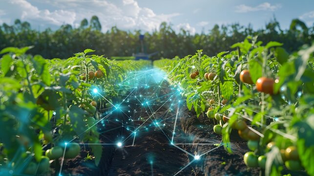 Rows of vibrant tomato plants stretching into the distance, with autonomous tractors equipped with AI-driven sensors navigating between them, ensuring optimal soil conditions and pest control.