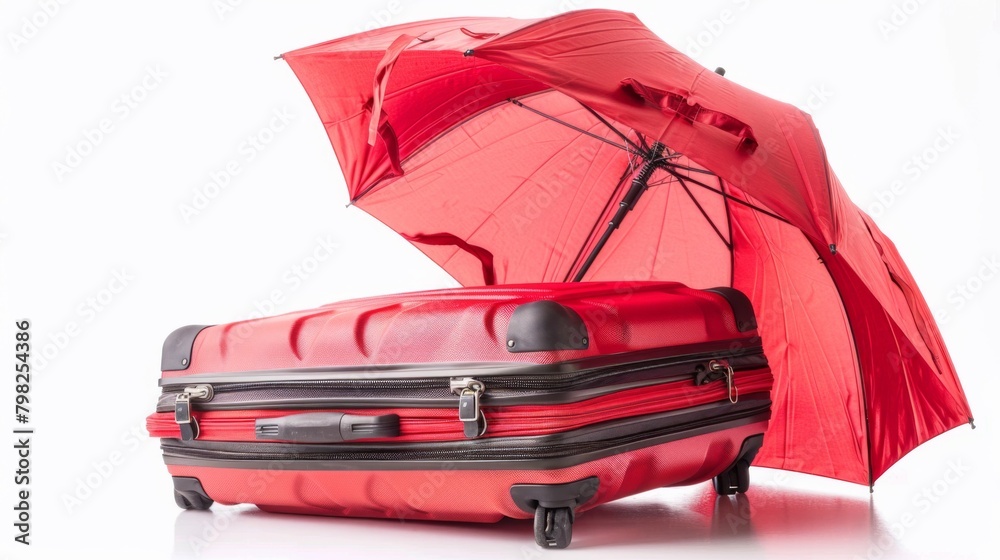 Sticker A red suitcase and an open umbrella on a white background, AI