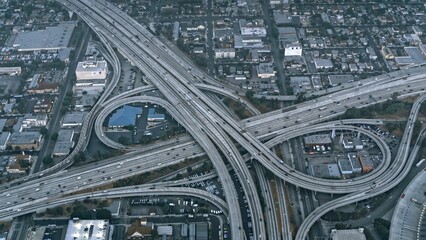 Urban Convergence: Aerial 4K View of Large Highway Intersection in Los Angeles