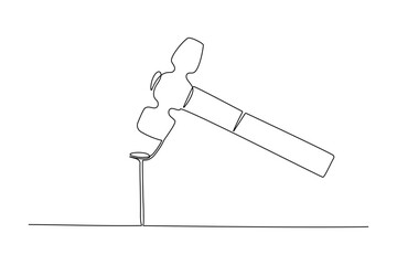 Continuous one line drawing of hammer with nail. Vector illustration