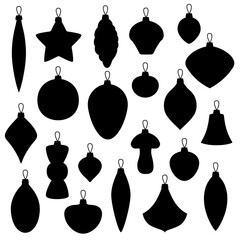 Set of black silhouettes Christmas tree decorations. Collection of xmas decorative elements, vector illustration