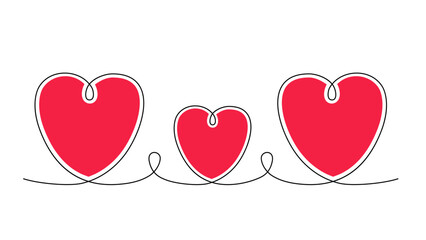 Continuous line drawing of three hearts, vector illustration